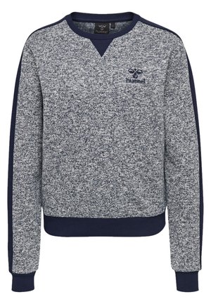 Grå meleret crewneck-sweater med marineblå ribstrikkede ærmekanter, kant, skulderstriber og hummel-logo på brystet.