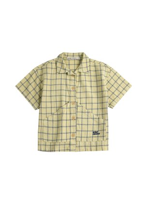 Žltá krátkym rukávom košeľa na zapínanie na gombíky s modrým mriežkovaným vzorom a veľkým predným vreckom vyšívaným logom "Bobo Choses".