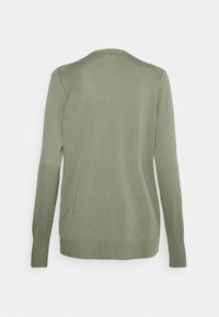 Grüne Strickjacke mit langen Ärmeln, einem Rundhalsausschnitt sowie gerippten Bündchen und Saum. Glatte Textur ohne sichtbare Muster oder Details.