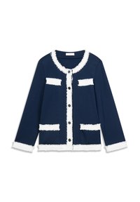 Cardigan blu navy con rifinitura bianca sfrangiata, con scollo rotondo, maniche lunghe, chiusura frontale con bottoni e due tasche frontali. Realizzato in tessuto morbido.
