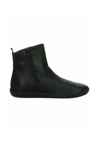 Bottines en cuir noir avec une texture lisse, fermeture éclair sur le côté et bout rond sur une semelle en caoutchouc plate.