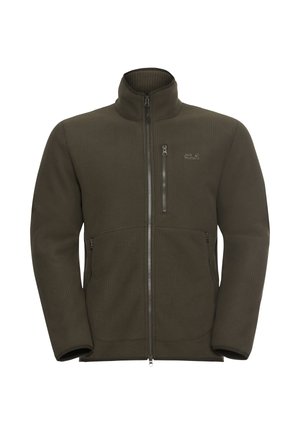 Dunkelgrüne Fleecejacke mit hohem Kragen, vorderem Zipper, gerippter Textur und zwei Seitentaschen; Logo auf der oberen linken Seite.