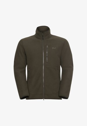 Donkergroene fleecejack met een hoge kraag, volledige ritssluiting aan de voorkant, geribbelde textuur en twee zijzakken; logo aan de bovenkant van de linkerzijde.