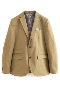 Beige blazer med to frontlommer, en brystlomme og to-knaps lukning. Foret med et blomster mønster og tekstureret stof.