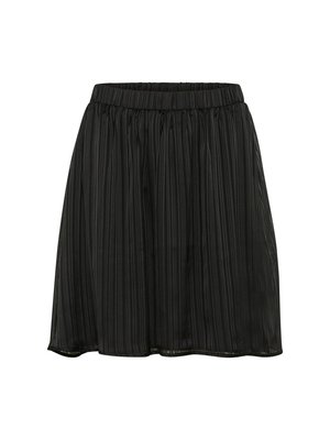 Jupe plissée noire avec une taille élastique, ornée de rayures verticales et d'une texture légère, tombant à mi-cuisse.