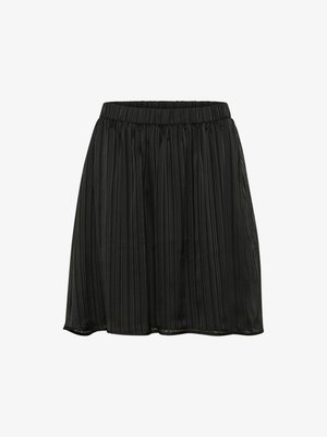 Jupe plissée noire avec une taille élastique, ornée de rayures verticales et d'une texture légère, tombant à mi-cuisse.