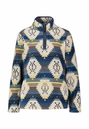 Fleece-Pullover mit einem halben Reißverschluss-Kragen. Ausgestattet mit einem geometrischen Muster in Blau, Creme, Braun und Gelb. Weiche Textur und lange Ärmel.