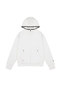 Felpa bianca con zip e cappuccio aderente, rifiniture nere sul bordo del cappuccio, due tasche con zip e un piccolo logo sul maniche. Tessuto liscio.