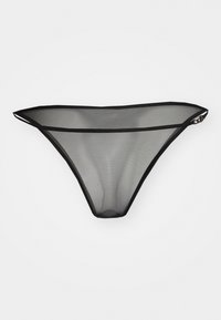 Svart mesh-thong med tynn midjebånd, minimal dekning og jevn tekstur, med justerbar siddekorasjon.