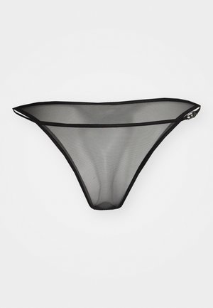 Čierne sieťované tangá s tenkým pásom, minimálnym pokrytím a hladkou textúrou, s nastaviteľným bočným detailom.