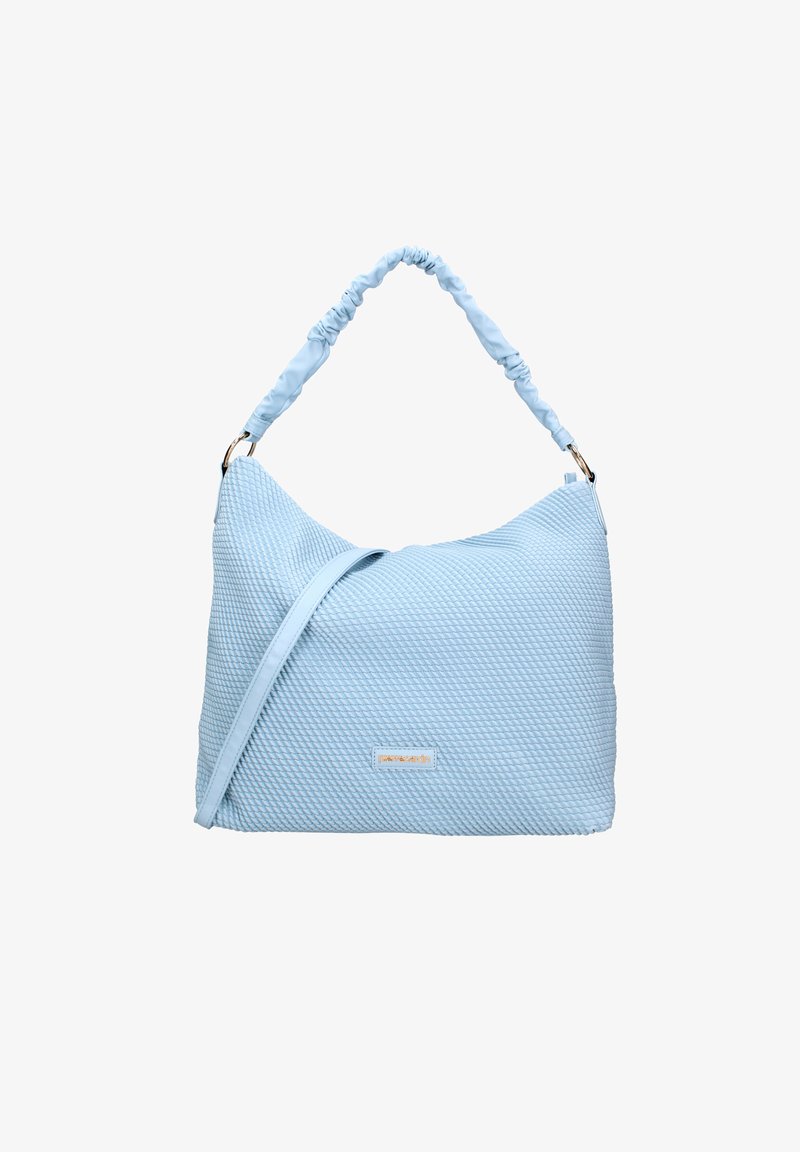 Blauwe handtas met een zachte, gerepte schouderband en een verstelbare crossbody-band. Kenmerkt subtiele branding aan de voorkant.