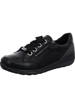 Baskets en cuir noir avec un bout arrondi, une surface texturée, un laçage à l'avant, une fermeture éclair sur le côté et une semelle en caoutchouc pour une meilleure traction.