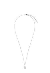 Srebrna naszyjnik z cienkim łańcuszkiem i okrągłym, przezroczystym wisiorkiem, który posiada fasetowaną powierzchnię oraz prosty detal zapięcia.