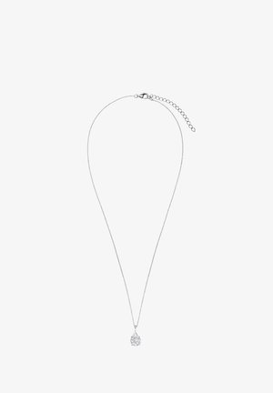 Srebrna naszyjnik z cienkim łańcuszkiem i okrągłym, przezroczystym wisiorkiem, który posiada fasetowaną powierzchnię oraz prosty detal zapięcia.