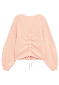 Pull tricoté rose clair avec manches longues ballon, col en V profond et devant froncé resserré par un cordon ajustable.