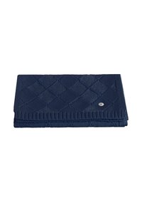 Portafoglio trapuntato blu navy realizzato in tessuto strutturato, con motivo a diamantini e un piccolo logo argentato. Progettato per una conservazione compatta.