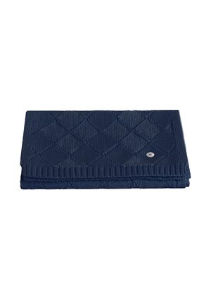 Portefeuille matelassé bleu marine en tissu texturé, présentant un motif en losanges et un petit logo argenté. Conçu pour un rangement compact.