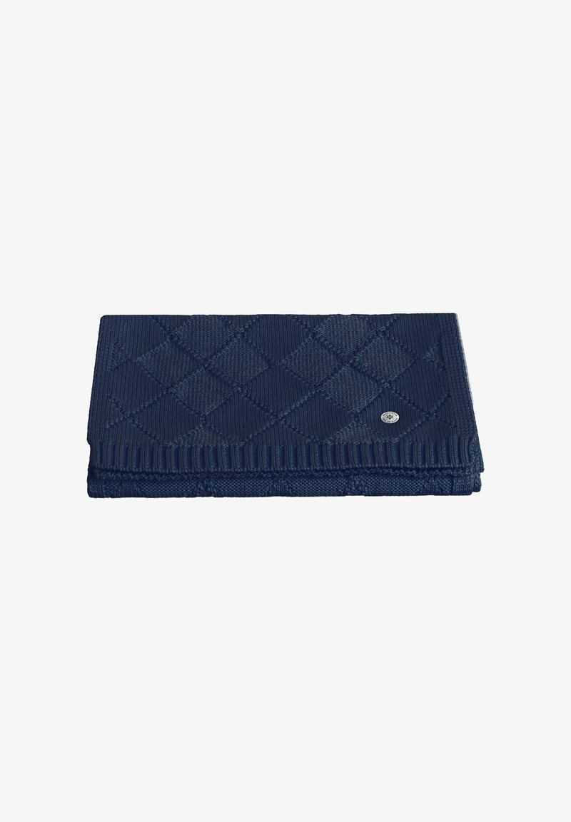 Portafoglio trapuntato blu navy realizzato in tessuto strutturato, con motivo a diamantini e un piccolo logo argentato. Progettato per una conservazione compatta.