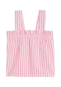 Top senza maniche con colletto arricciato, realizzato in tessuto leggero. Caratterizzato da strisce verticali rosa e bianche, con spalline larghe.
