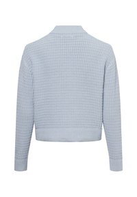 Hellblauer Strickpullover mit strukturiertem Muster, ausgestattet mit einem Kragen sowie gerippten Bündchen und Saum. Kürzer geschnittenes Design mit langen Ärmeln.
