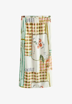 Knælang nederdel med elastisk talje, med et motiv af gulerødder, tomater, grønne striber og ternede mønstre i pastelfarver.
