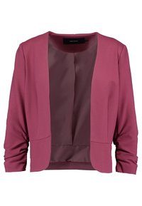 Bordeauxblazer med en slät, matt yta, öppen frontdesign och trekvartslånga ärmar. Insidan är fodrad i en mörkare nyans.