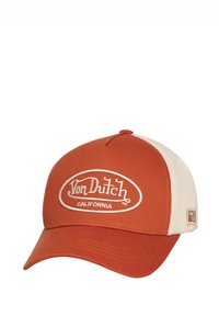 Casquette de baseball orange avec un dos en maille crème. Présente un logo blanc brodé en relief sur le devant. Visière incurvée avec des détails de couture.