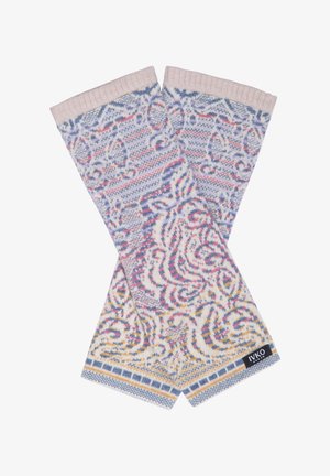 Kootud käte soejalad, mis on kaunistatud keerukate lillemustriga pastellroosa, sinise ja kollase tooni kombinatsioonis, ribaga beežide mansettidega ja bränditud etiketiga.