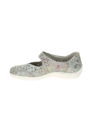 Light gray Mary Jane shoe with floral cut-out patterns, a single Velcro strap, and a white flexible sole.
