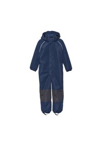 Mørkeblå regndress med hette, med elastiske mansjetter og kontrasterende grå paneler på beina. Laget av vanntett materiale.