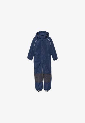Mørkeblå regndress med hette, med elastiske mansjetter og kontrasterende grå paneler på beina. Laget av vanntett materiale.