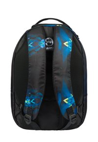Zaino nero con motivo astratto blu e giallo, spallacci imbottiti, rete di ventilazione, molteplici scomparti e maniglia superiore.