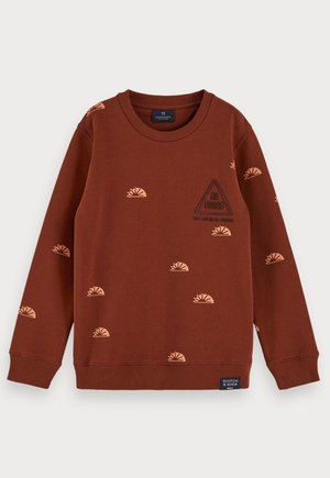 Brun sweatshirt med abstrakte solmotiv i lys orange, ribbede rund hals og manchetter. Broderet logo på brystet.