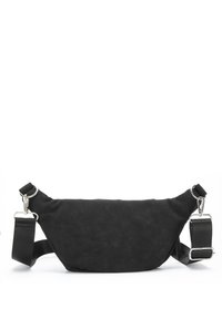 Black fanny pack with a sleek design, made from textured fabric, featuring adjustable straps and metallic hardware.
