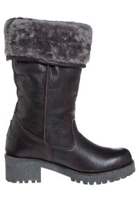 Hnědá kožená bota s šedým umělým kožichem na okraji, robustní podešev, výška do poloviny lýtek, prošívané detaily a texturovaný povrch na svršku.