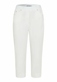 Pantaloni bianchi a vita alta realizzati in tessuto morbido, con una cintura liscia, tasche laterali e dettagli di cucitura discreti sull'orlo.