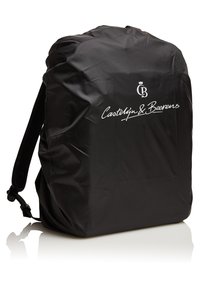 Zaino impermeabile nero realizzato in materiale resistente con spallacci imbottiti. Presenta il logo del brand in bianco sulla parte anteriore. Design liscio e elegante.