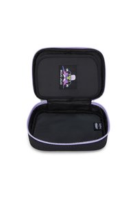 Custodia rettangolare nera con cerniera viola, aperta per mostrare l'interno con una figura verde da cartone che indossa un cappello viola sul coperchio.