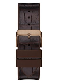 Correa de reloj de cuero marrón con textura de cocodrilo, que presenta una hebilla de bronce y dos anillos horizontales para un ajuste seguro.