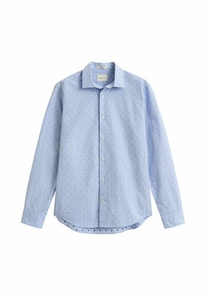 Lichtblauw overhemd met lange mouwen, knoopsluiting, een klein donker stippenpatroon, klassieke kraag en afgeronde zoom.