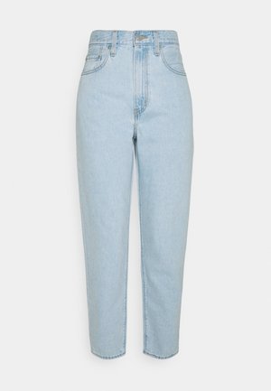 Lyseblå høy midje jeans med rett ben-design, fem lommer og metallknapp-lukking. Laget av denim med en glatt tekstur.
