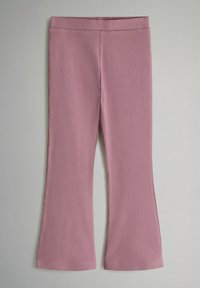 Leggings rosa a coste con fondo svasato, dotati di una comoda vita elasticizzata e una texture morbida.