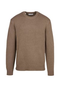 Maglione marrone lavorato a maglia con scollo tondo, polsini e orlo a coste. Tessuto testurizzato con motivo a trama consistente su tutta la superficie.