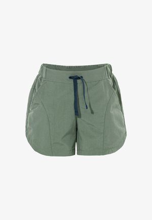 Shorts verts en tissu léger, avec une fermeture à cordon, des poches latérales et un ourlet arrondi pour une liberté de mouvement.