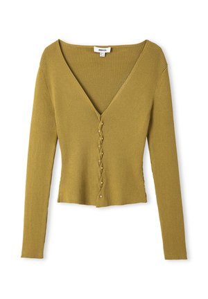 Top à manches longues côtelé en vert olive avec un décolleté en V profond, présentant un plastron décoratif de boutons au centre et une coupe cropped.