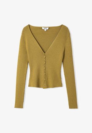 Geribbelde langetermijn top in olijfgroen met een diepe V-hals, voorzien van een decoratieve knopenlijst in het midden en een cropped zoom.