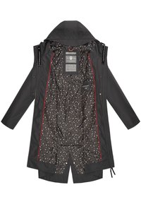 Black waterproof jacket with a hood, featuring a patterned inner lining, red accents, and a vented back. Includes brand label and care tag.