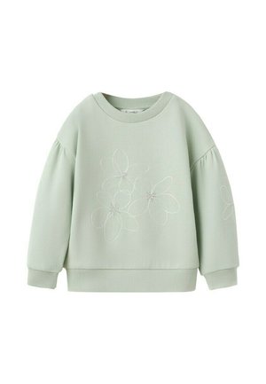 Sweat-shirt vert clair à manches longues avec poignets et ourlet côtelés, présentant des contours floraux blancs brodés sur le devant et les manches.