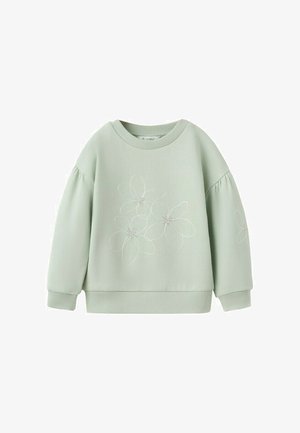 Sweat-shirt vert clair à manches longues avec poignets et ourlet côtelés, présentant des contours floraux blancs brodés sur le devant et les manches.
