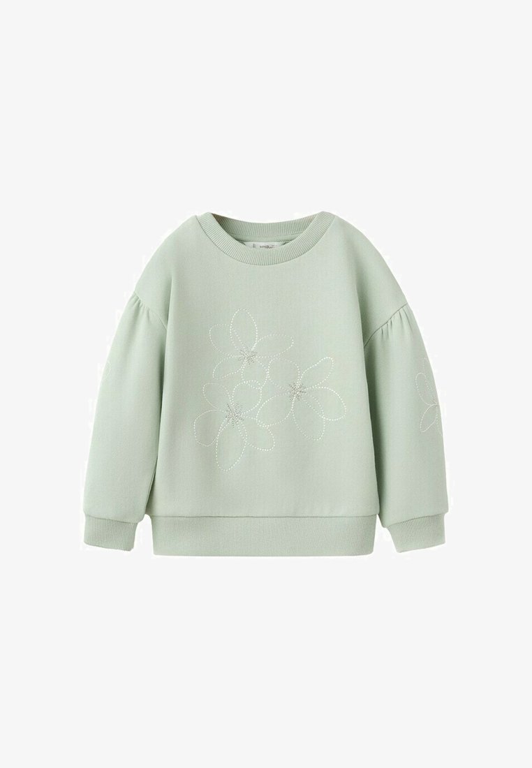 Sweat-shirt vert clair à manches longues avec poignets et ourlet côtelés, présentant des contours floraux blancs brodés sur le devant et les manches.